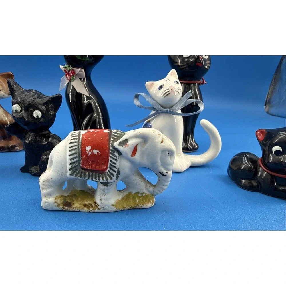 Vtg 7 Mini cat figurine 1 Elephant Porcelain Japan mid century kitty Cat